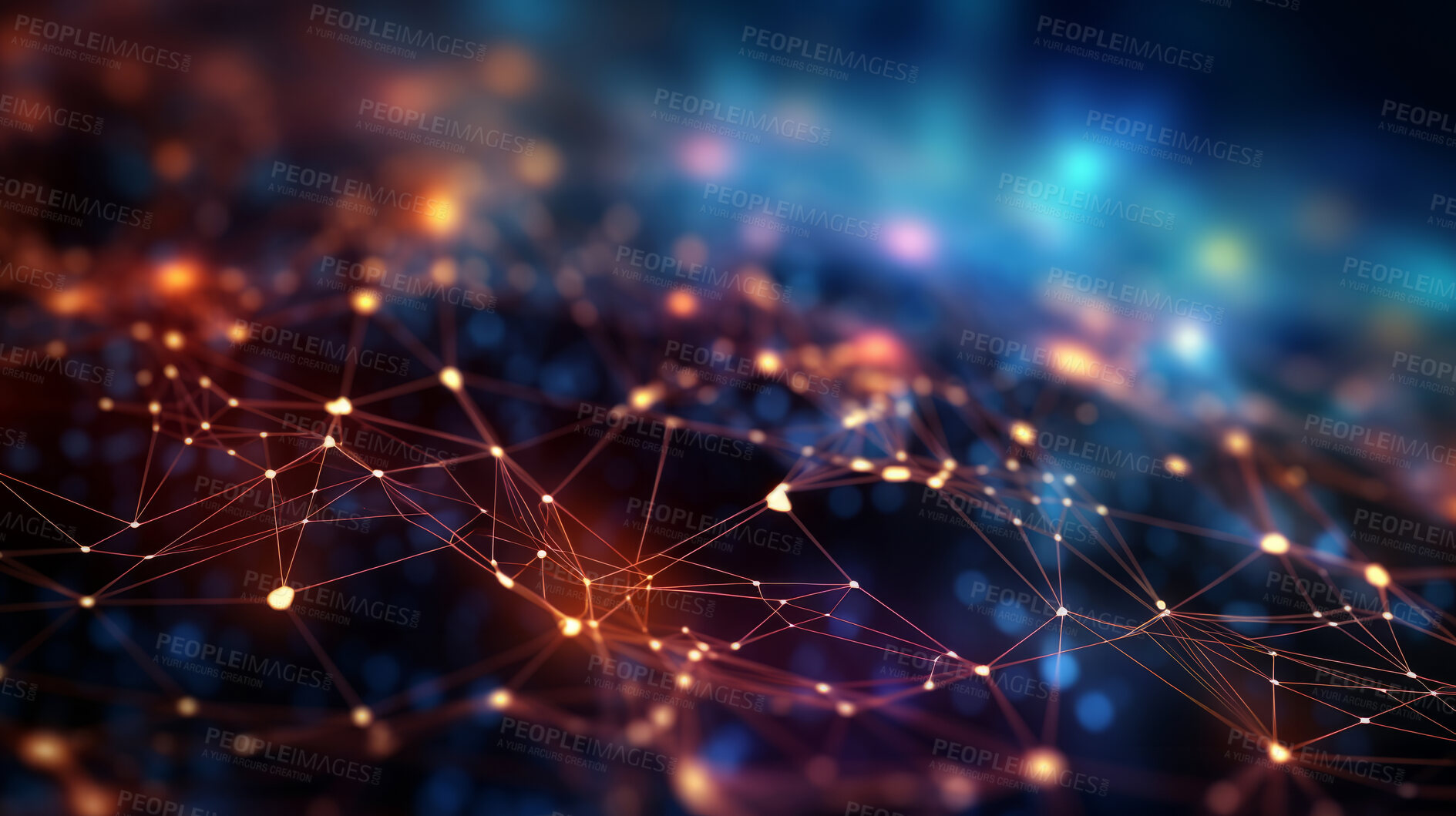 Buy stock photo Network, lines and dots on a black background for internet connection, artificial intelligence and brain neural pathways. Colourful, vibrant and iridescent connectivity for wifi, global networking and business