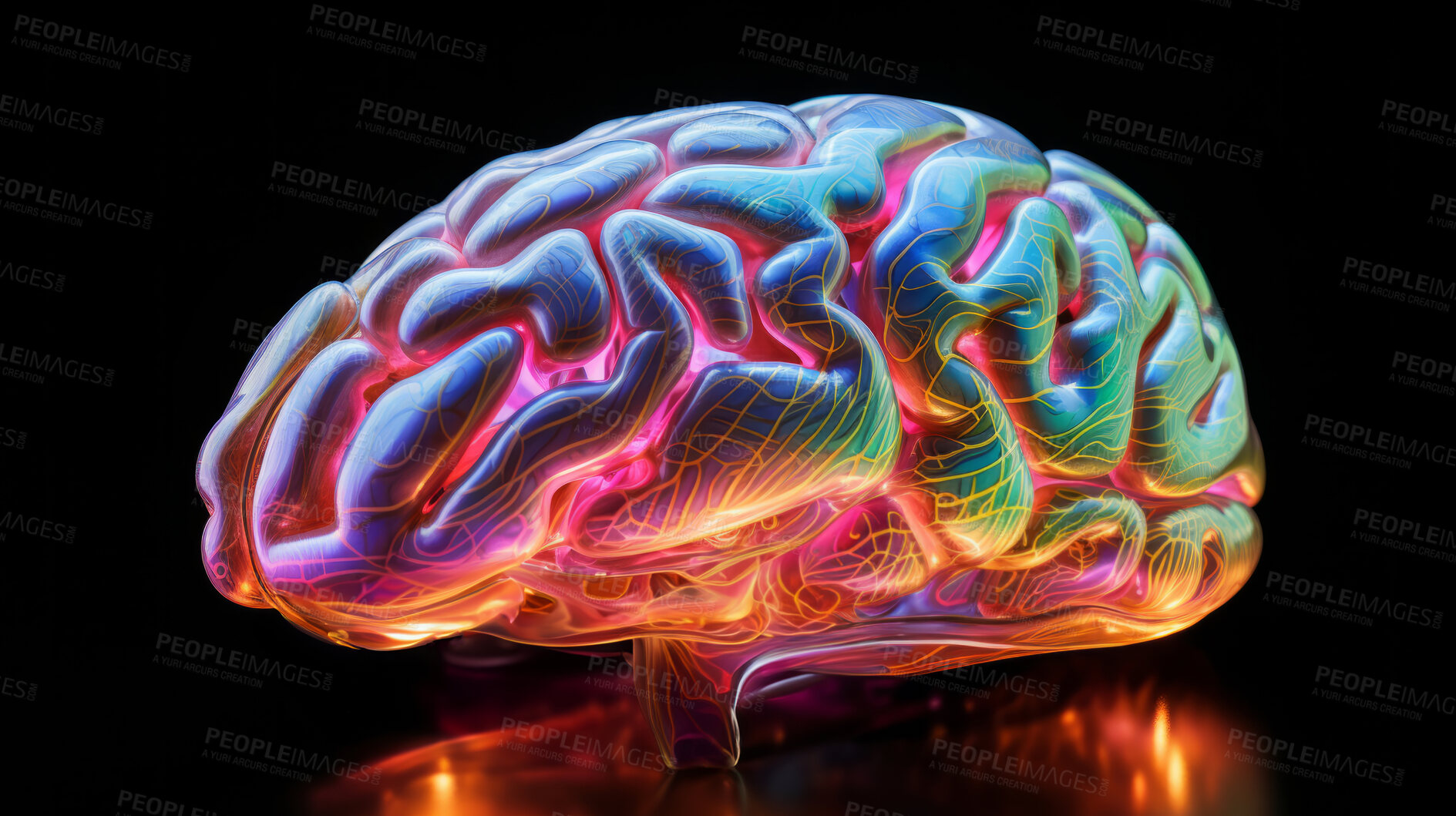 Buy stock photo Human, brain and neural network on a black background for science backdrop, design and wallpaper. Iridescent, holographic and colourful closeup of an organ for mental health, medical and 3d model