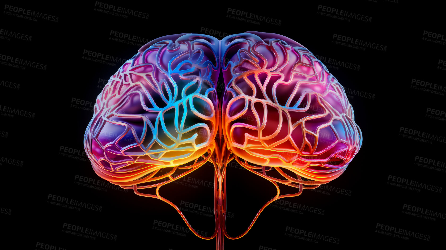 Buy stock photo Human, brain and neural network on a black background for science backdrop, design and wallpaper. Iridescent, holographic and colourful closeup of an organ for mental health, medical and 3d model