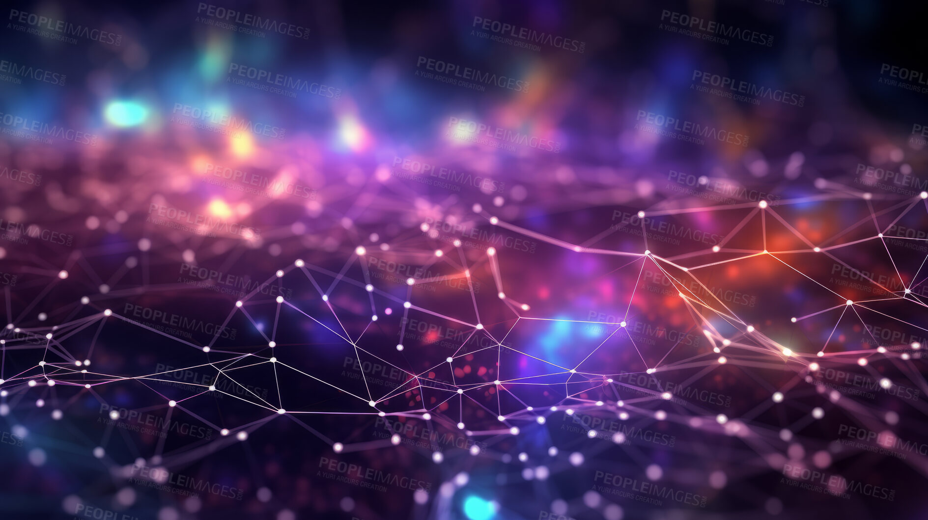 Buy stock photo Network, lines and dots on a black background for internet connection, artificial intelligence and brain neural pathways. Colourful, vibrant and iridescent connectivity for wifi, global networking and business