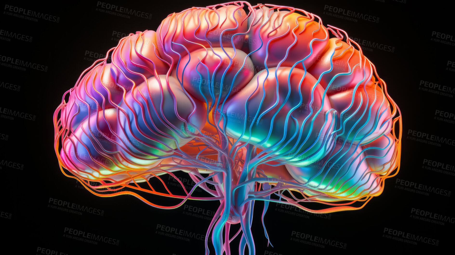 Buy stock photo Human, brain and neural network on a black background for science backdrop, design and wallpaper. Iridescent, holographic and colourful closeup of an organ for mental health, medical and 3d model