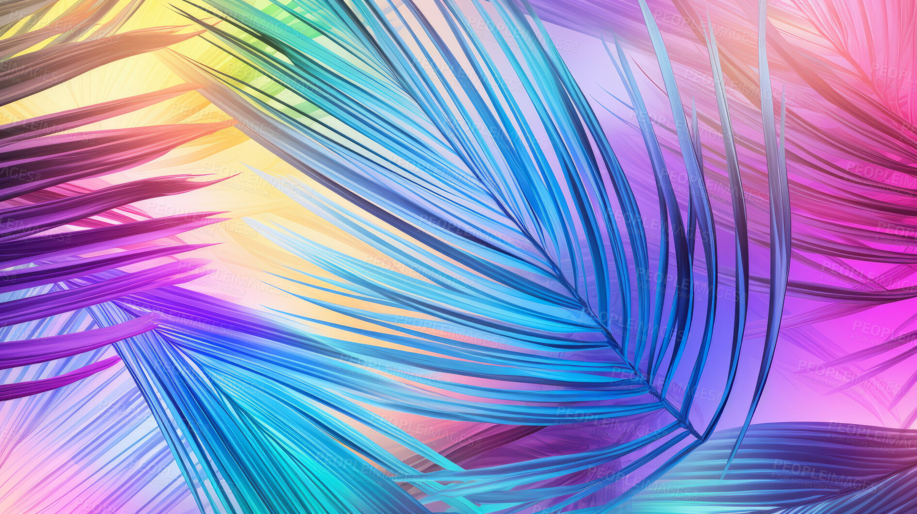 Buy stock photo Natural, palm leaves and tropical iridescent plants shape background for wallpaper, design and backdrop. Colourful, holographic and futuristic closeup 3d render of foliage for creativity and graphics