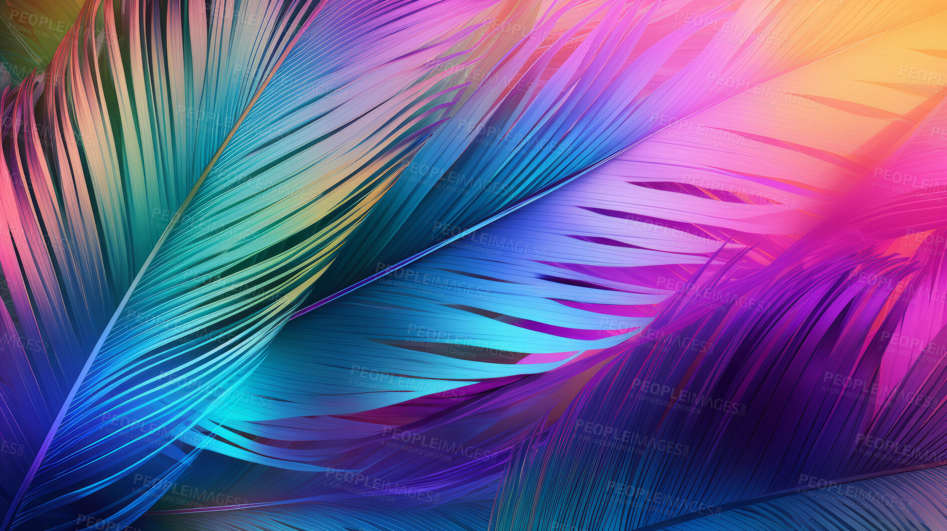 Buy stock photo Natural, palm leaves and tropical iridescent plants shape background for wallpaper, design and backdrop. Colourful, holographic and futuristic closeup 3d render of foliage for creativity and graphics