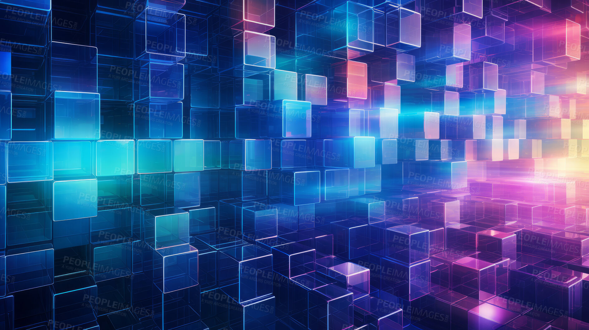 Buy stock photo Abstract, crystal and iridescent coloured squares render for wallpaper, background and digital design. Colourful,  transparent and creative closeup of geometric design shapes for cyber punk style