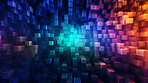 Abstract, crystal and iridescent coloured squares render for wallpaper, background and digital design. Colourful,  transparent and creative closeup of geometric design shapes for cyber punk style