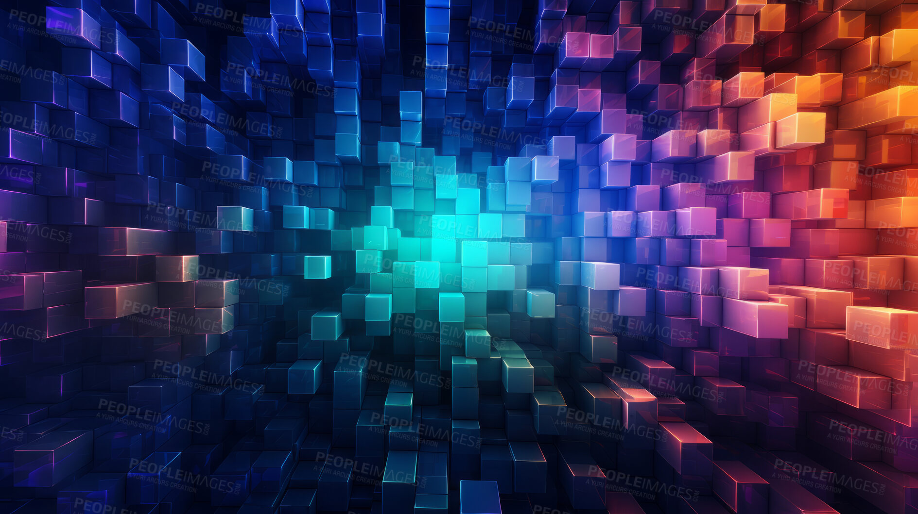 Buy stock photo Abstract, crystal and iridescent coloured squares render for wallpaper, background and digital design. Colourful,  transparent and creative closeup of geometric design shapes for cyber punk style