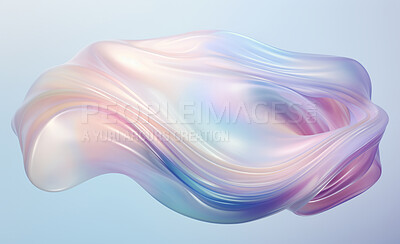 Buy stock photo Iridescent, fabric and wave flow render on a white background for design, wallpaper or backdrop. Colourful, vibrant material and holographic fluid closeup of curves graphic for science, 3d art and creativity