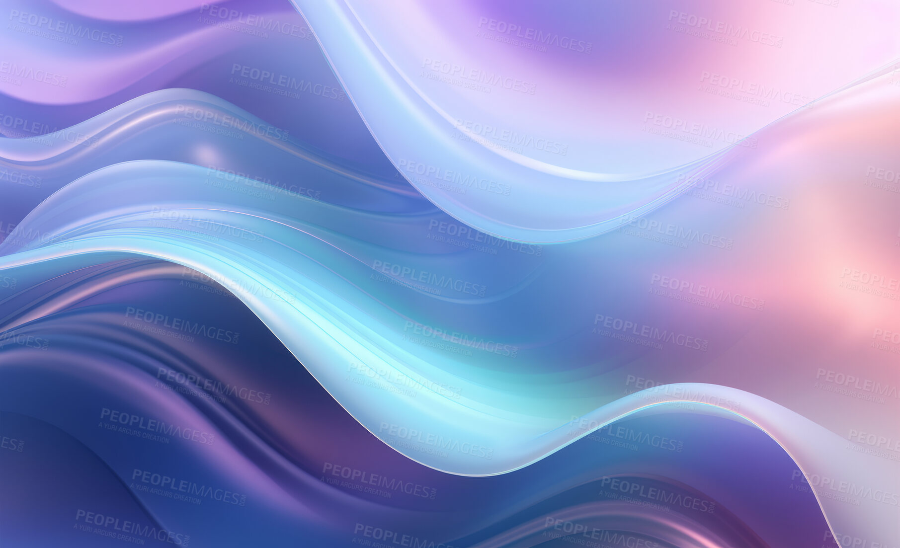 Buy stock photo Iridescent, fabric and wave flow render on a white background for design, wallpaper or backdrop. Colourful, vibrant material and holographic fluid closeup of curves graphic for science, 3d art and creativity