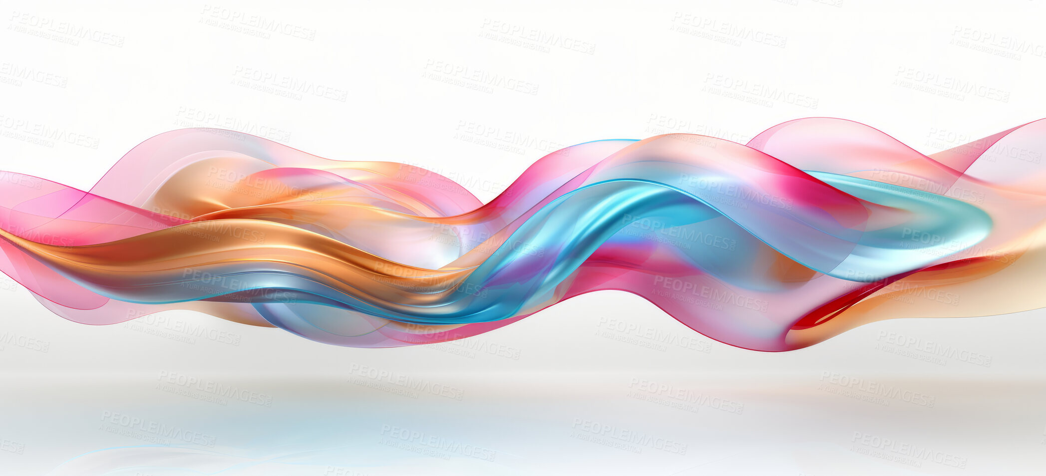 Buy stock photo Iridescent, fabric and wave flow render on a white background for design, wallpaper or backdrop. Colourful, vibrant material and holographic fluid closeup of curves graphic for science, 3d art and creativity