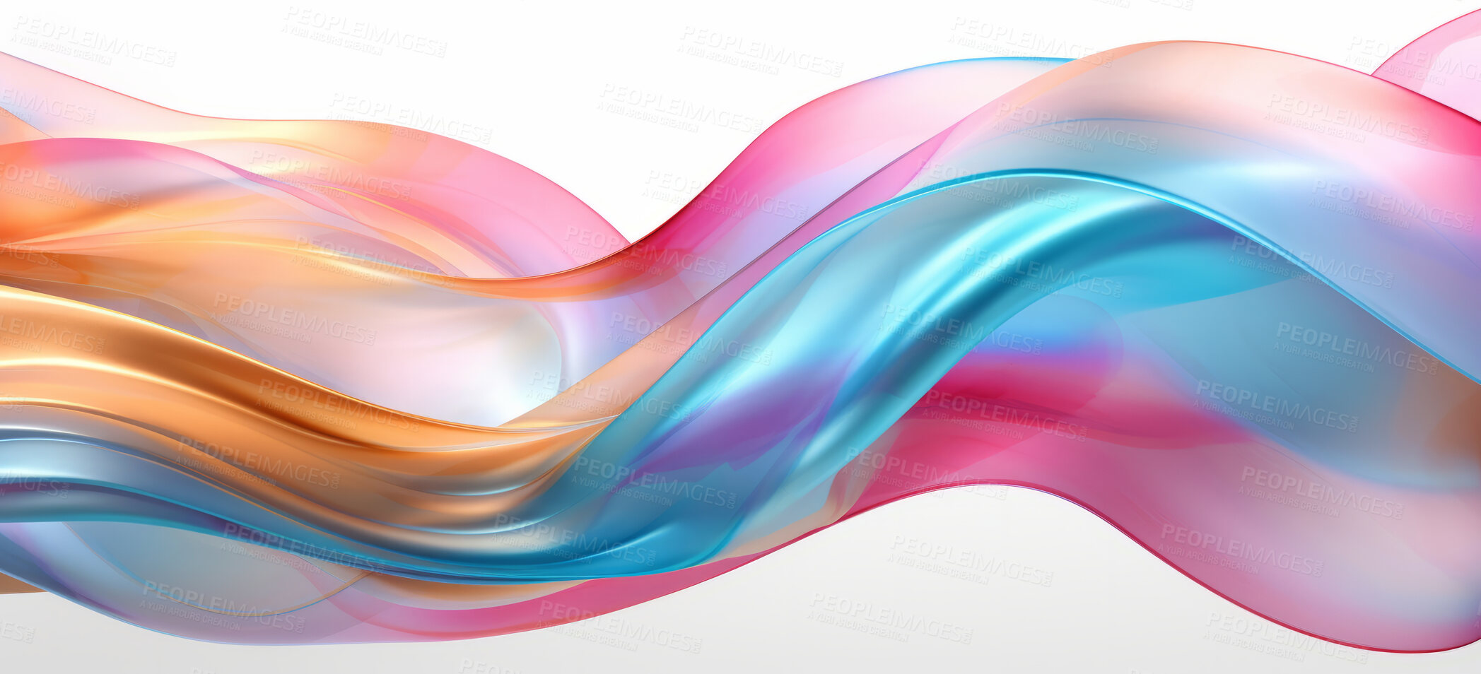 Buy stock photo Iridescent, fabric and wave flow render on a white background for design, wallpaper or backdrop. Colourful, vibrant material and holographic fluid closeup of curves graphic for science, 3d art and creativity