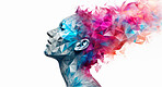 Poly, abstract and digital woman face on a white background for design, 3D render or art. Face, plexus design and connection points for science network, mental health and artificial intelligence