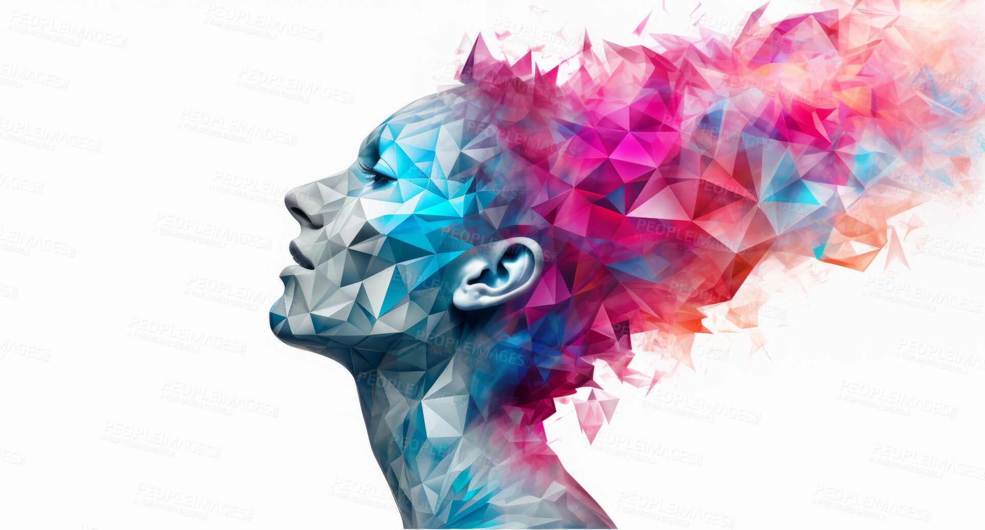 Buy stock photo Poly, abstract and digital woman face on a white background for design, 3D render or art. Face, plexus design and connection points for science network, mental health and artificial intelligence