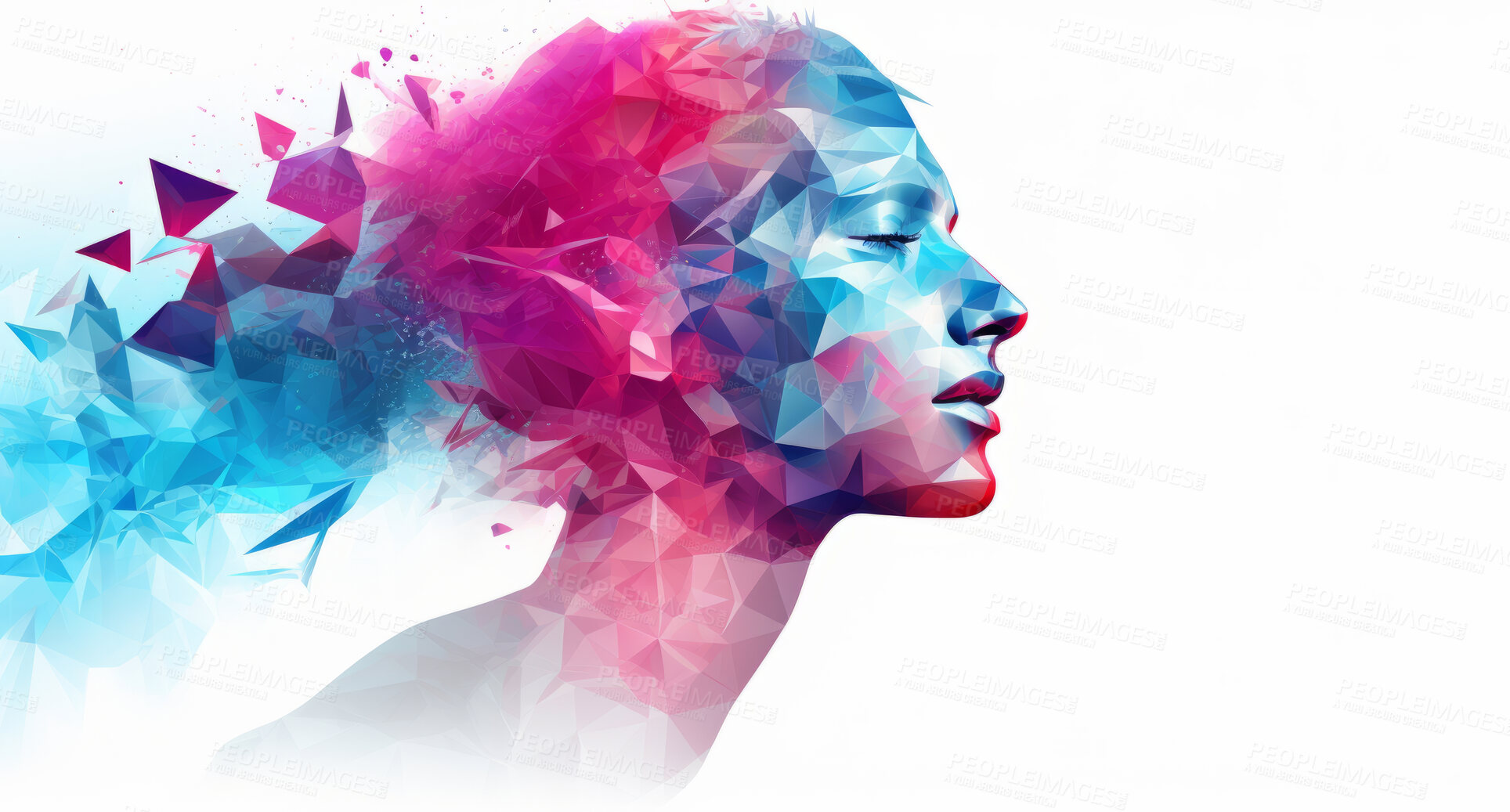 Buy stock photo Poly, abstract and digital woman face on a white background for design, 3D render or art. Face, plexus design and connection points for science network, mental health and artificial intelligence