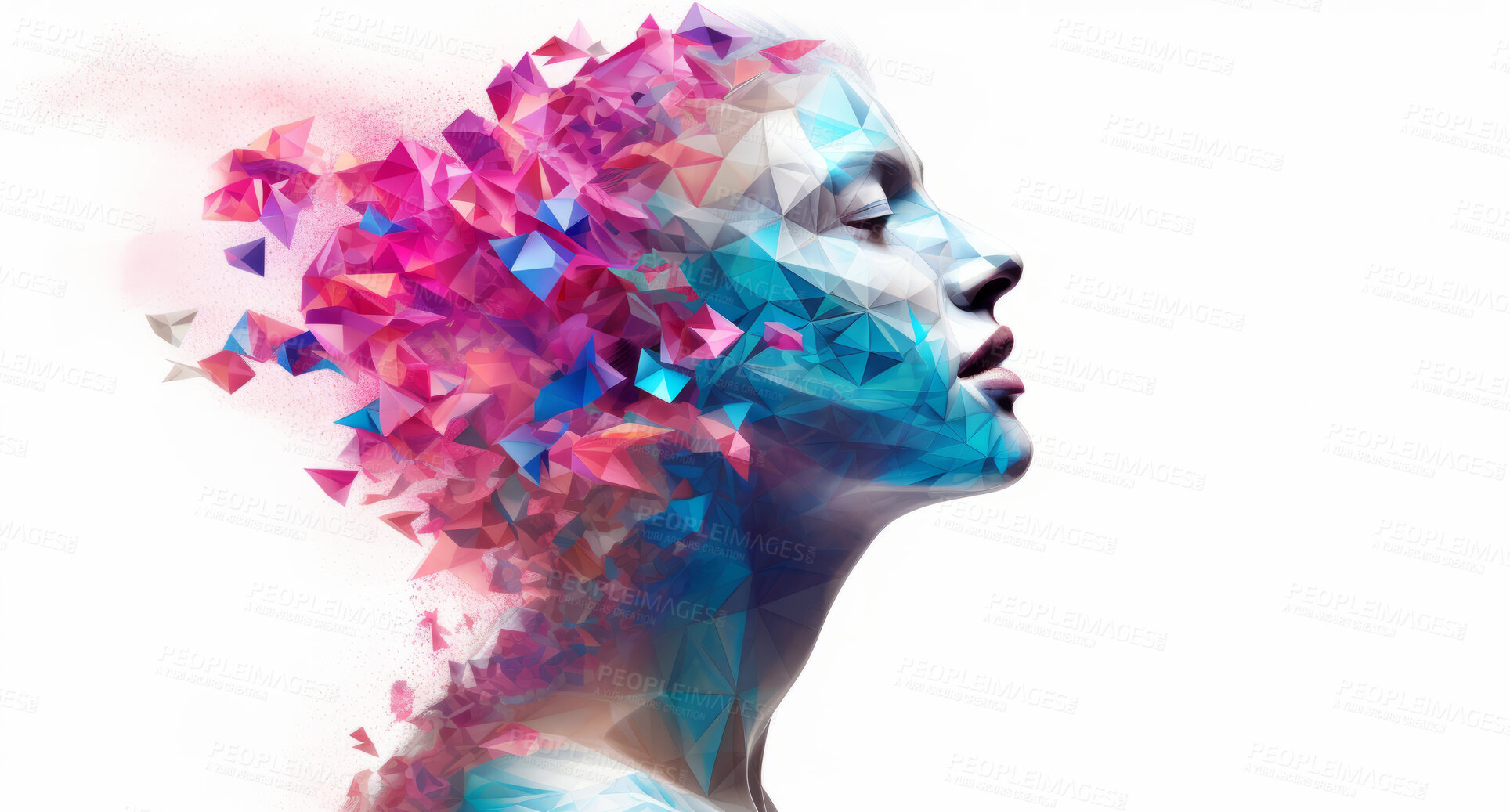 Buy stock photo Poly, abstract and digital woman face on a white background for design, 3D render or art. Face, plexus design and connection points for science network, mental health and artificial intelligence