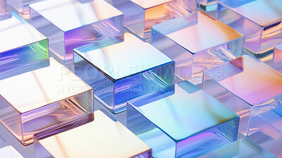 Buy stock photo Abstract, crystal and iridescent coloured squares render for wallpaper, background and digital design. Colourful blocks, transparent and creative closeup of geometric design shapes for grid printing