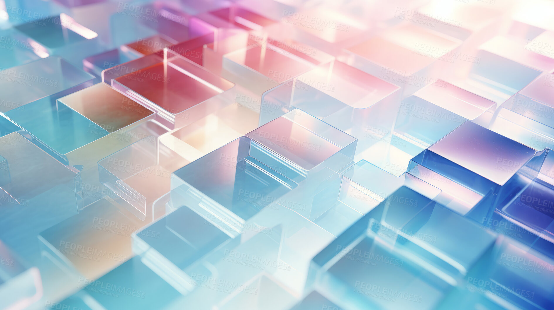 Buy stock photo Abstract, crystal and iridescent coloured squares render for wallpaper, background and digital design. Colourful blocks, transparent and creative closeup of geometric design shapes for grid printing