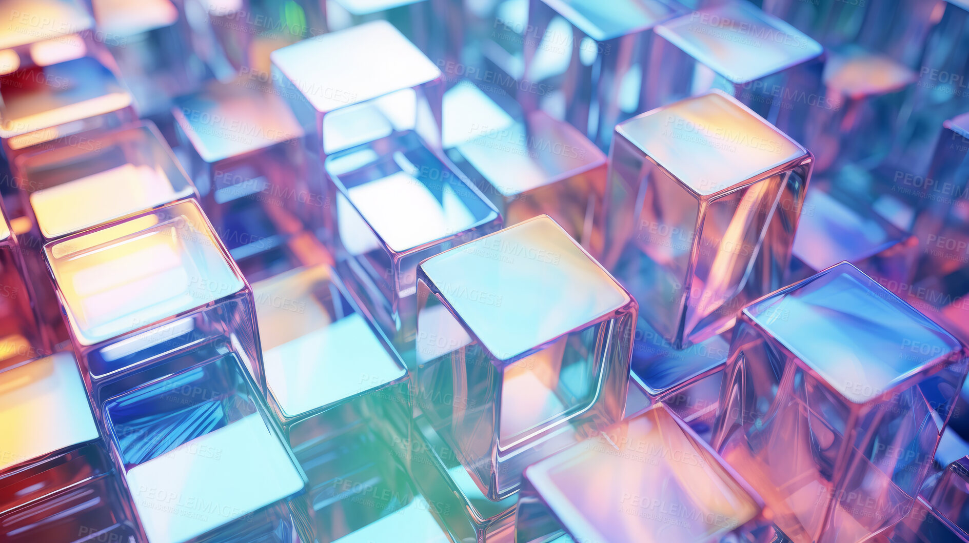 Buy stock photo Abstract, crystal and iridescent coloured squares render for wallpaper, background and digital design. Colourful blocks, transparent and creative closeup of geometric design shapes for grid printing