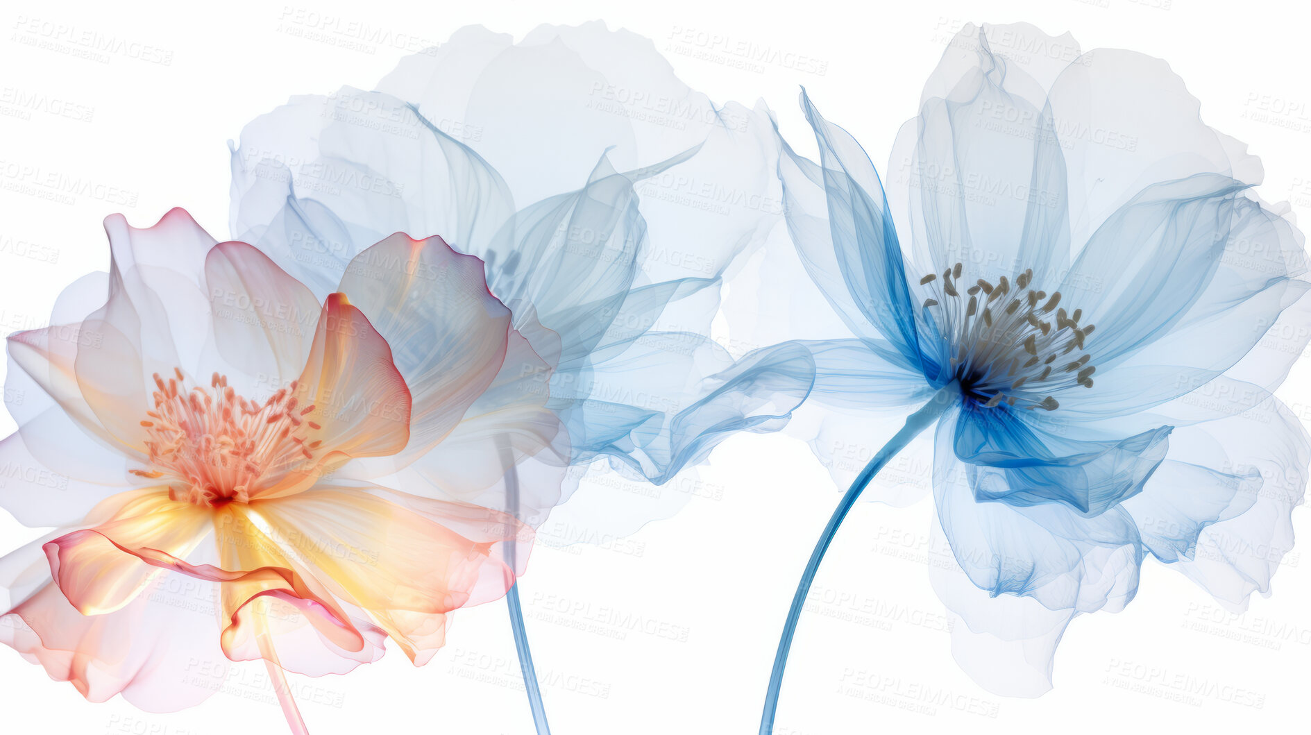 Buy stock photo Beautiful, colourful or wildflower x-ray on a white background for wallpaper, print and abstract art. Creative, vibrant or transparent closeup of a plant for science, blueprint or nature photography