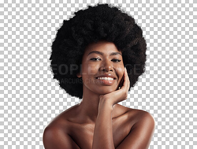 Buy stock photo Skincare, portrait and happy black woman with natural beauty on isolated, transparent or png background. Face, smile and model with cosmetic, care or dermatology results, glowing skin or wellness 