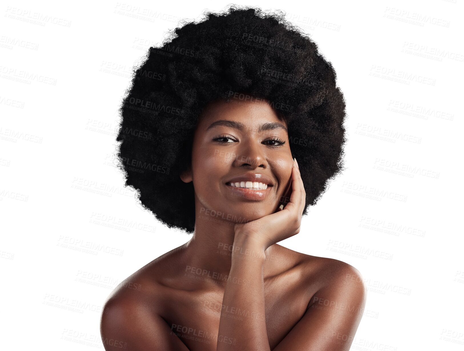 Buy stock photo Skincare, portrait and happy black woman with natural beauty on isolated, transparent or png background. Face, smile and model with cosmetic, care or dermatology results, glowing skin or wellness 