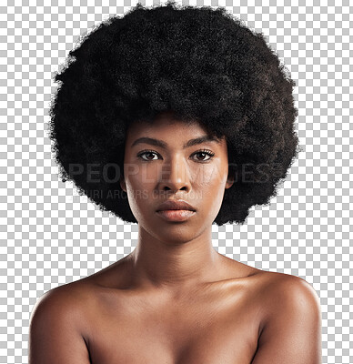 Buy stock photo Skincare, portrait and serious black woman with natural beauty on isolated, transparent or png background. Face, attitude or model with cosmetic, care or dermatology, glowing skin or wellness 