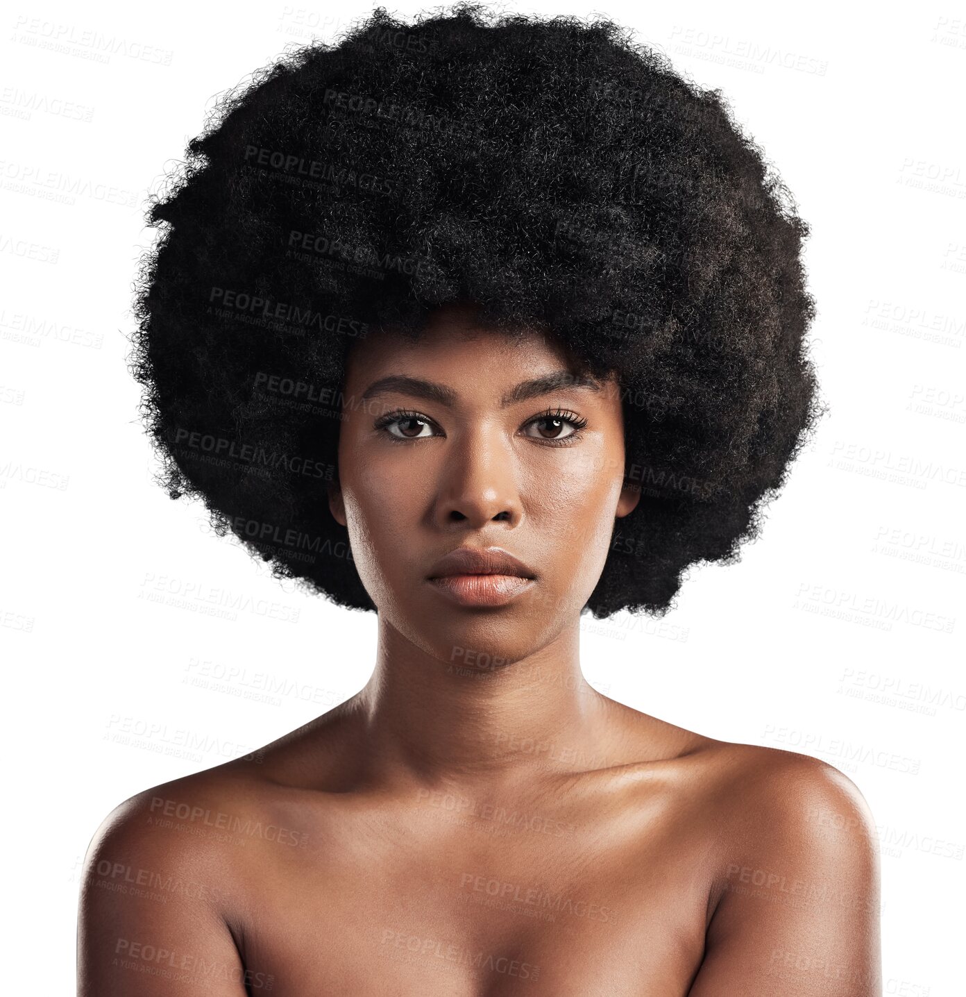 Buy stock photo Skincare, portrait and serious black woman with natural beauty on isolated, transparent or png background. Face, attitude or model with cosmetic, care or dermatology, glowing skin or wellness 