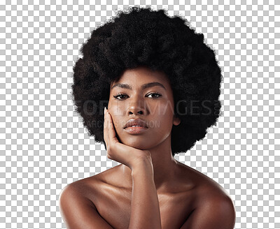 Buy stock photo Portrait, afro and black woman with skincare, cosmetics and dermatology isolated on a transparent background. Face, African person and model with makeup, beauty and wellness with png, shine and glow