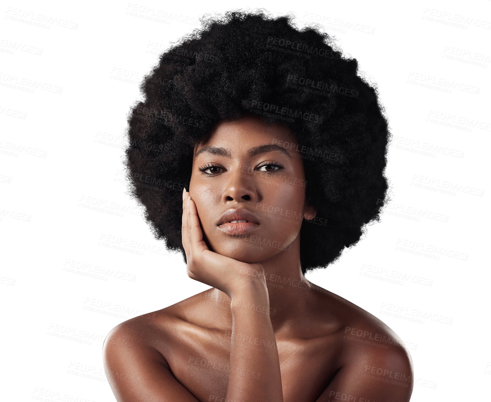 Buy stock photo Portrait, afro and black woman with skincare, cosmetics and dermatology isolated on a transparent background. Face, African person and model with makeup, beauty and wellness with png, shine and glow