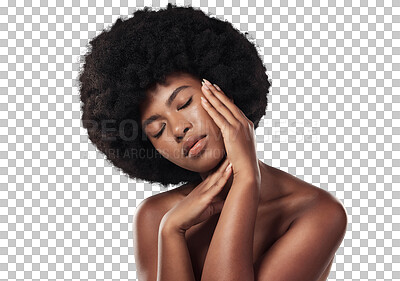 Buy stock photo Hair, beauty and face of black woman with afro on isolated, png and transparent background. Skincare, salon aesthetic and African person glow with natural texture, growth and cosmetics for wellness