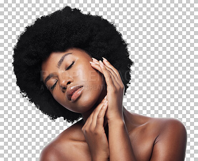 Buy stock photo Hair, touch and face of black woman with afro on isolated, png and transparent background. Skincare, beauty aesthetic and African person with natural texture, growth or cosmetics for wellness