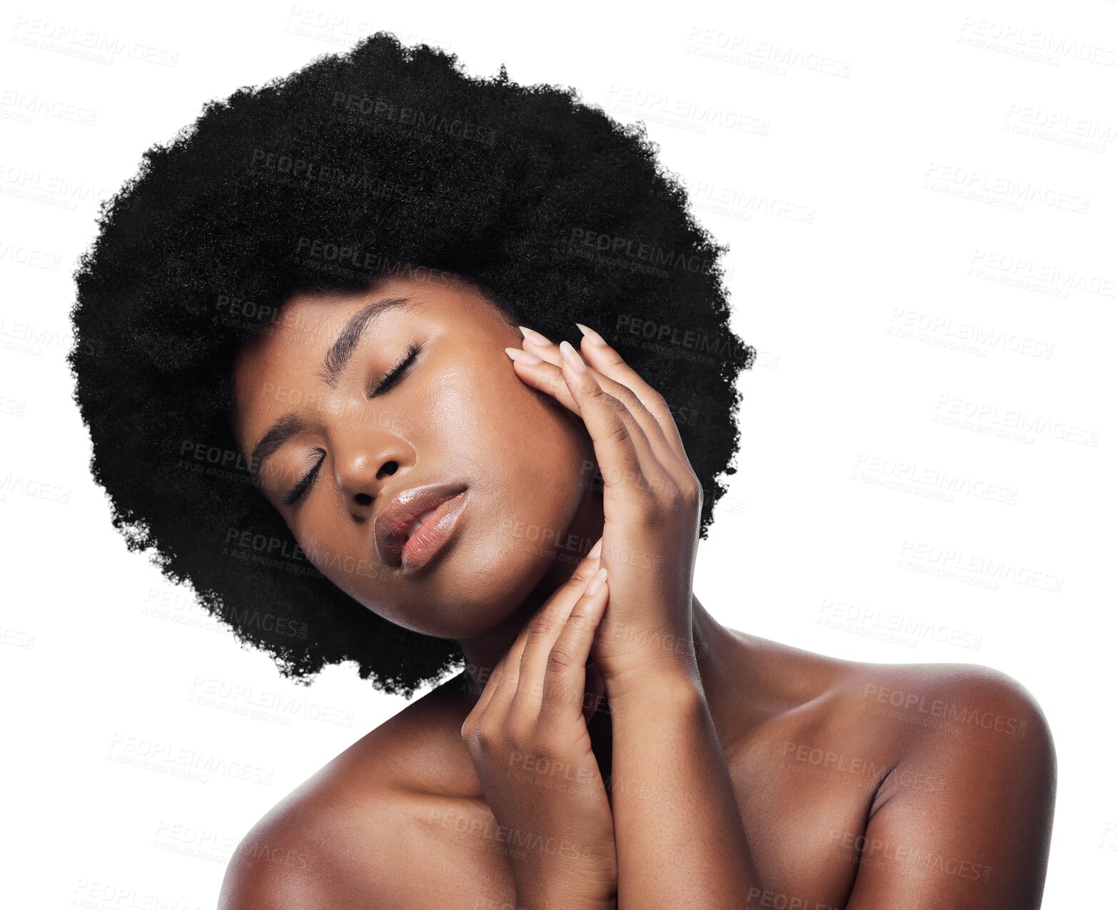 Buy stock photo Hair, touch and face of black woman with afro on isolated, png and transparent background. Skincare, beauty aesthetic and African person with natural texture, growth or cosmetics for wellness