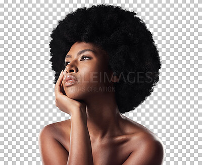 Buy stock photo Thinking, afro and black woman with skincare, cosmetics and beauty isolated on transparent background. African person, model and girl with confidence, dermatology and wellness with shine, glow or png