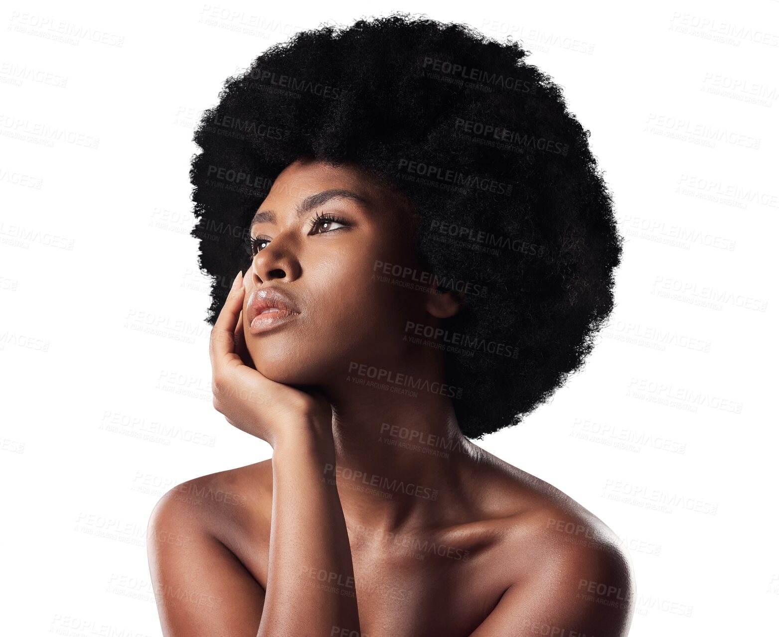 Buy stock photo Thinking, afro and black woman with skincare, cosmetics and beauty isolated on transparent background. African person, model and girl with confidence, dermatology and wellness with shine, glow or png