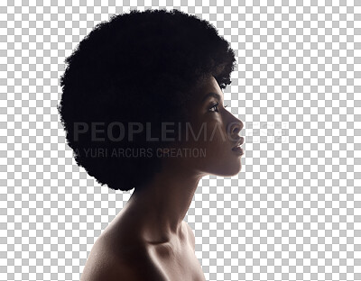 Buy stock photo Hair care, silhouette and profile of black woman with afro, beauty and skincare isolated on transparent background. Natural cosmetics, African person and model with glow, png and shine with wellness