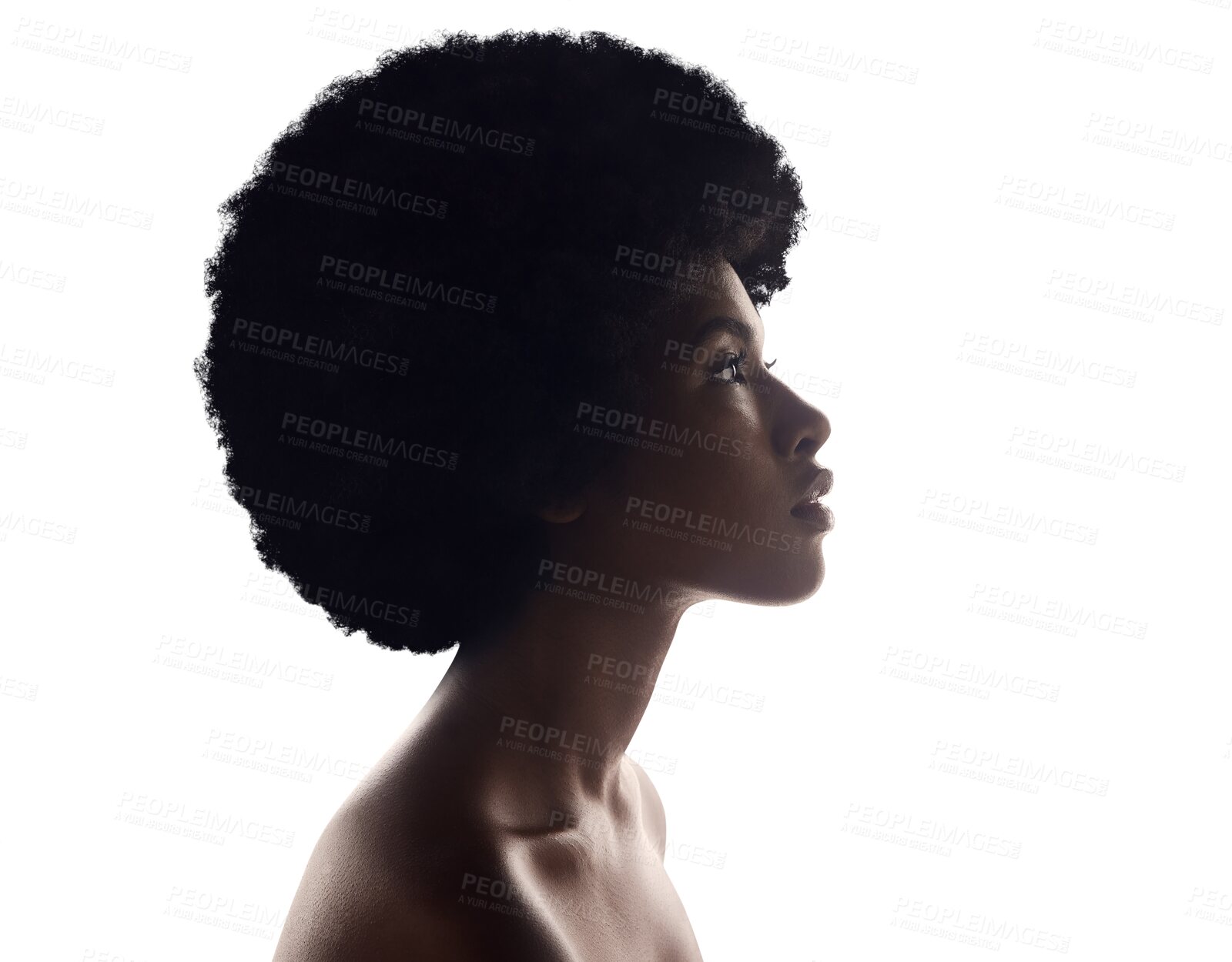 Buy stock photo Hair care, silhouette and profile of black woman with afro, beauty and skincare isolated on transparent background. Natural cosmetics, African person and model with glow, png and shine with wellness