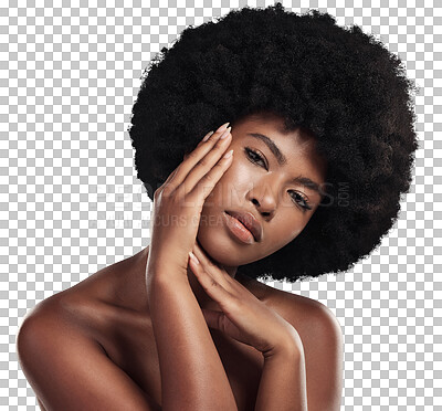 Buy stock photo Hair care, beauty and portrait of black woman with afro on isolated, png and transparent background. Skincare, spa and face of African person with natural texture, growth and cosmetics for wellness