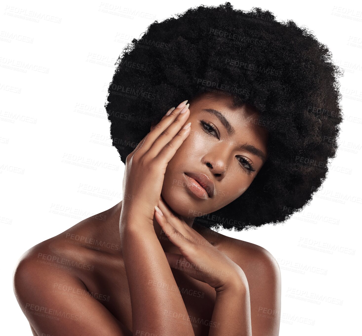 Buy stock photo Hair care, beauty and portrait of black woman with afro on isolated, png and transparent background. Skincare, spa and face of African person with natural texture, growth and cosmetics for wellness