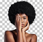 Portrait, skincare and black woman cover with hand, afro and dermatology isolated on transparent background. Serious face, African person or model with aesthetic, natural beauty or cosmetics with png