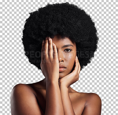 Buy stock photo Portrait, skincare and black woman cover with hand, afro and dermatology isolated on transparent background. Serious face, African person or model with aesthetic, natural beauty or cosmetics with png