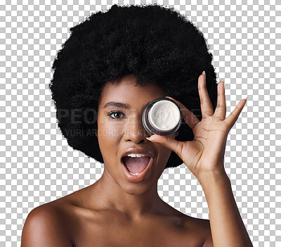 Buy stock photo Portrait, cream and black woman with skincare, surprise or dermatology isolated on transparent background. Face, African person or model with creme, cosmetics product or beauty with wow, png or shine