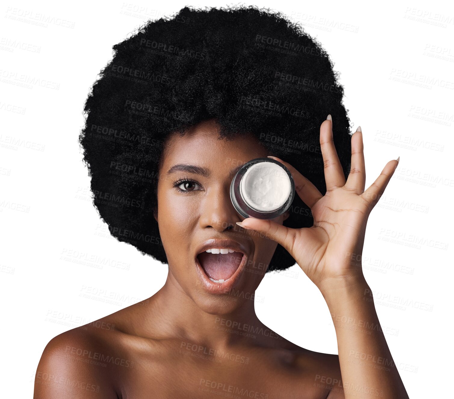 Buy stock photo Portrait, cream and black woman with skincare, surprise or dermatology isolated on transparent background. Face, African person or model with creme, cosmetics product or beauty with wow, png or shine