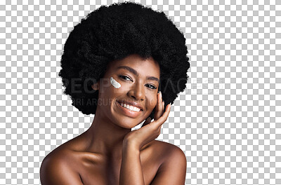 Buy stock photo Skincare, beauty and black woman with cream on face with smile, afro and luxury cosmetics. Dermatology, facial skin care lotion and portrait of happy model isolated on transparent png background.