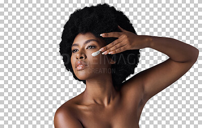 Buy stock photo Black woman, cream and luxury with skincare, beauty and dermatology isolated on a transparent background. Health, African person and model with creme, afro and wellness with png, thinking and shine