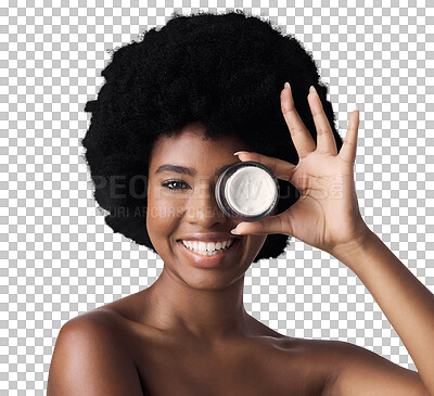 Buy stock photo Portrait, cream and black woman with skincare, smile and dermatology isolated on transparent background. Face, African person and model with creme, cosmetics product or beauty with afro, png or shine