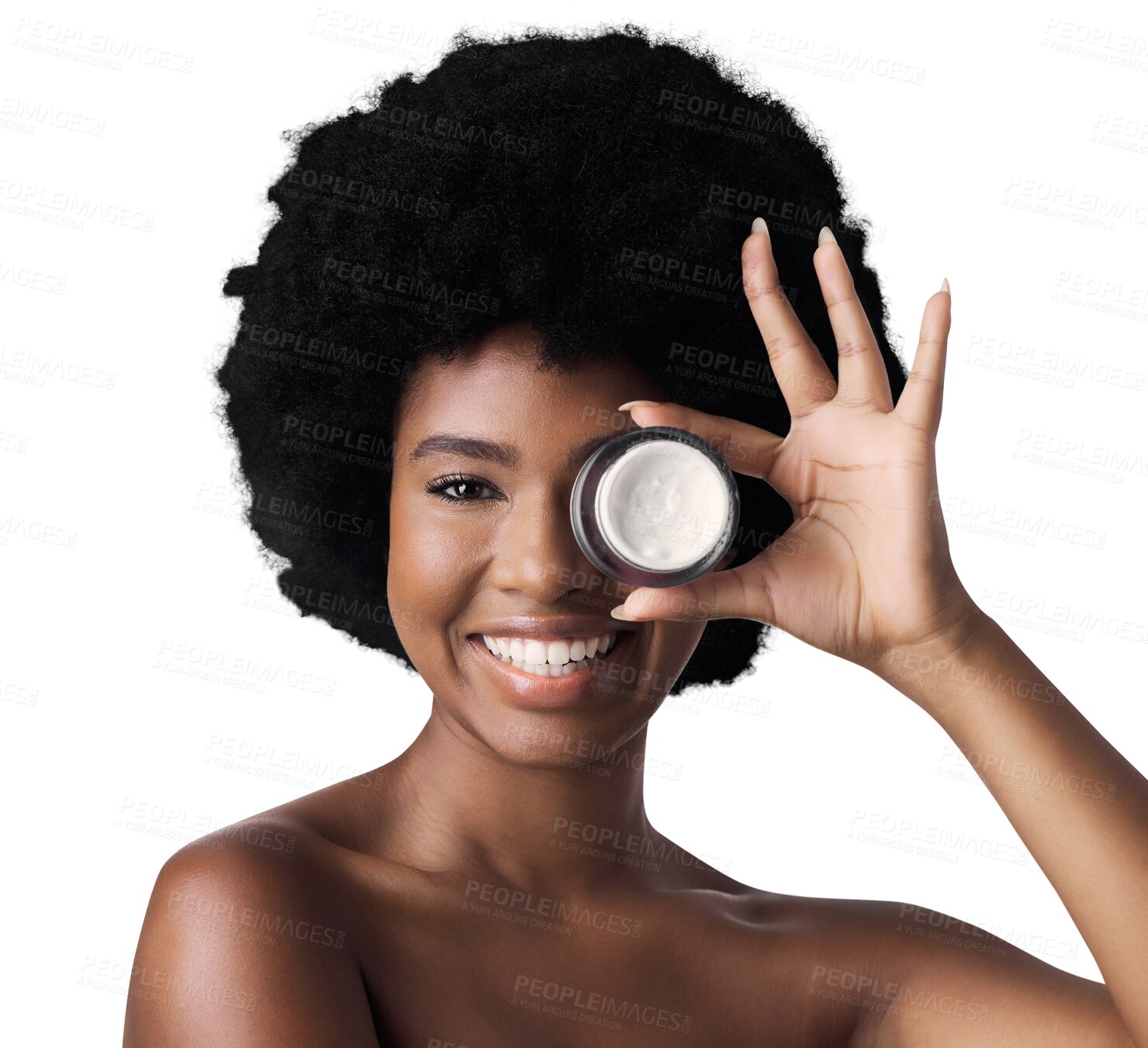 Buy stock photo Portrait, cream and black woman with skincare, smile and dermatology isolated on transparent background. Face, African person and model with creme, cosmetics product or beauty with afro, png or shine