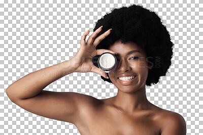 Buy stock photo Portrait, cream and black woman with dermatology, smile and wellness isolated on a transparent background. Face, African person and model with creme, cosmetics product or beauty with afro, png or shine