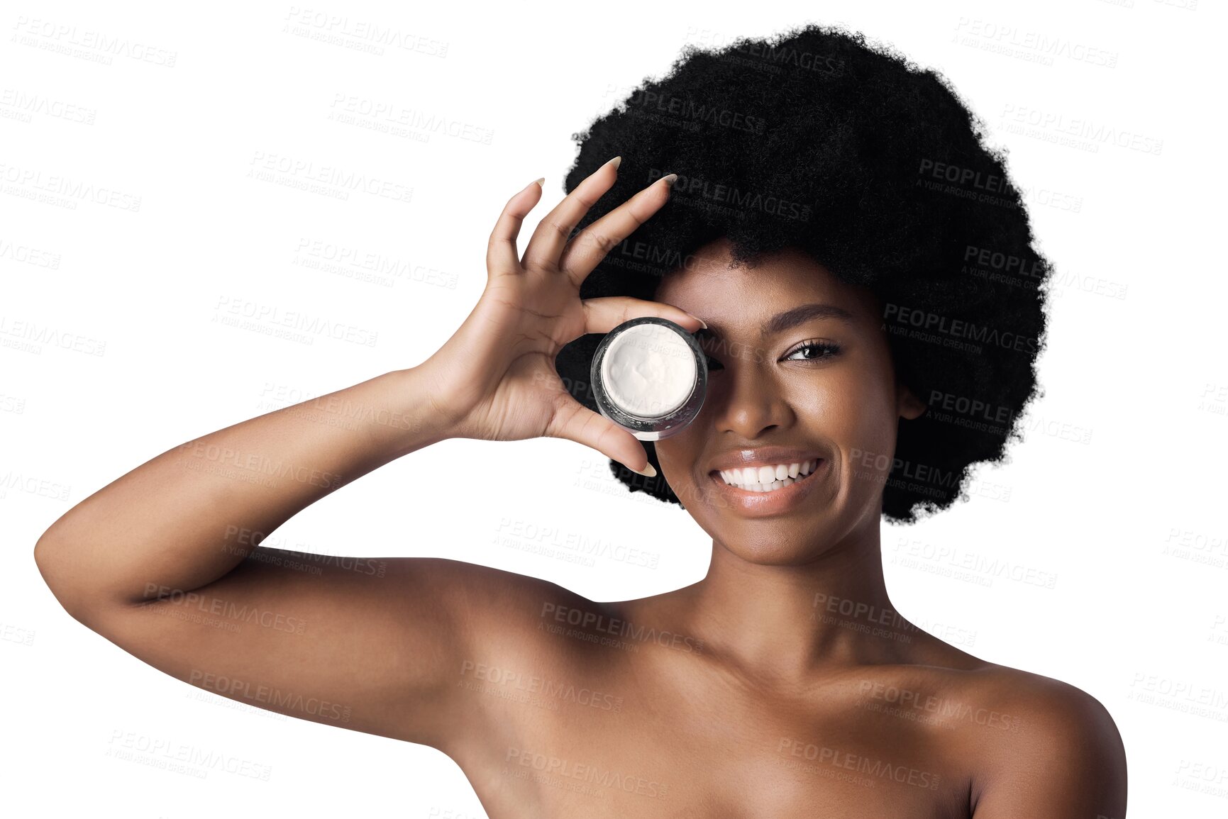 Buy stock photo Portrait, cream and black woman with dermatology, smile and wellness isolated on a transparent background. Face, African person and model with creme, cosmetics product or beauty with afro, png or shine