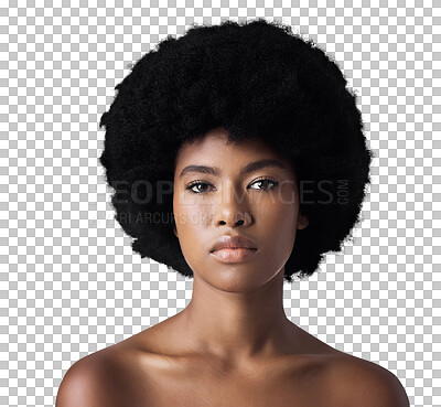 Buy stock photo Portrait, afro and black woman with skincare, makeup and dermatology isolated on a transparent background. Face, African person and model with cosmetics, beauty and wellness with png, shine and glow