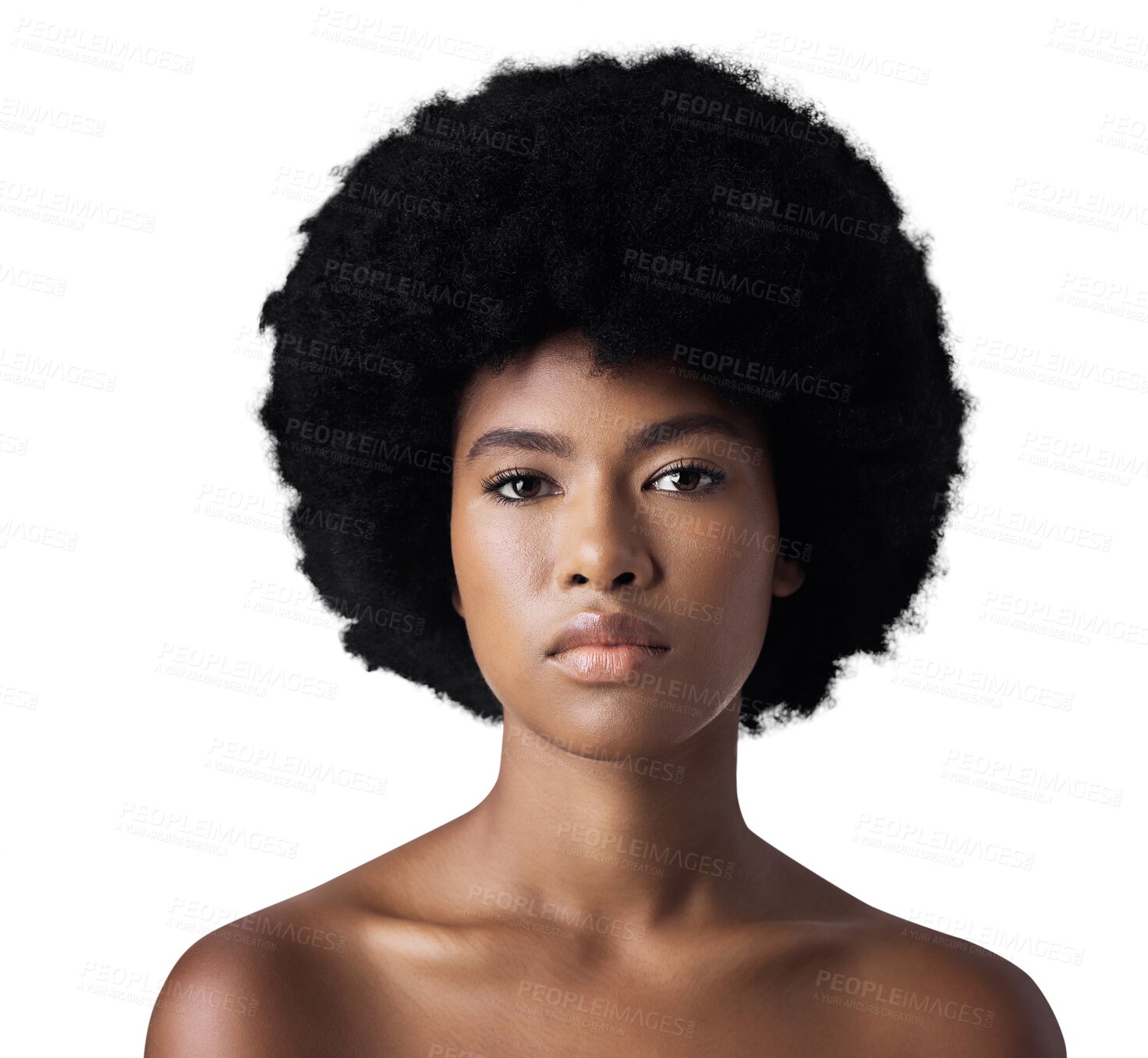 Buy stock photo Portrait, afro and black woman with skincare, makeup and dermatology isolated on a transparent background. Face, African person and model with cosmetics, beauty and wellness with png, shine and glow