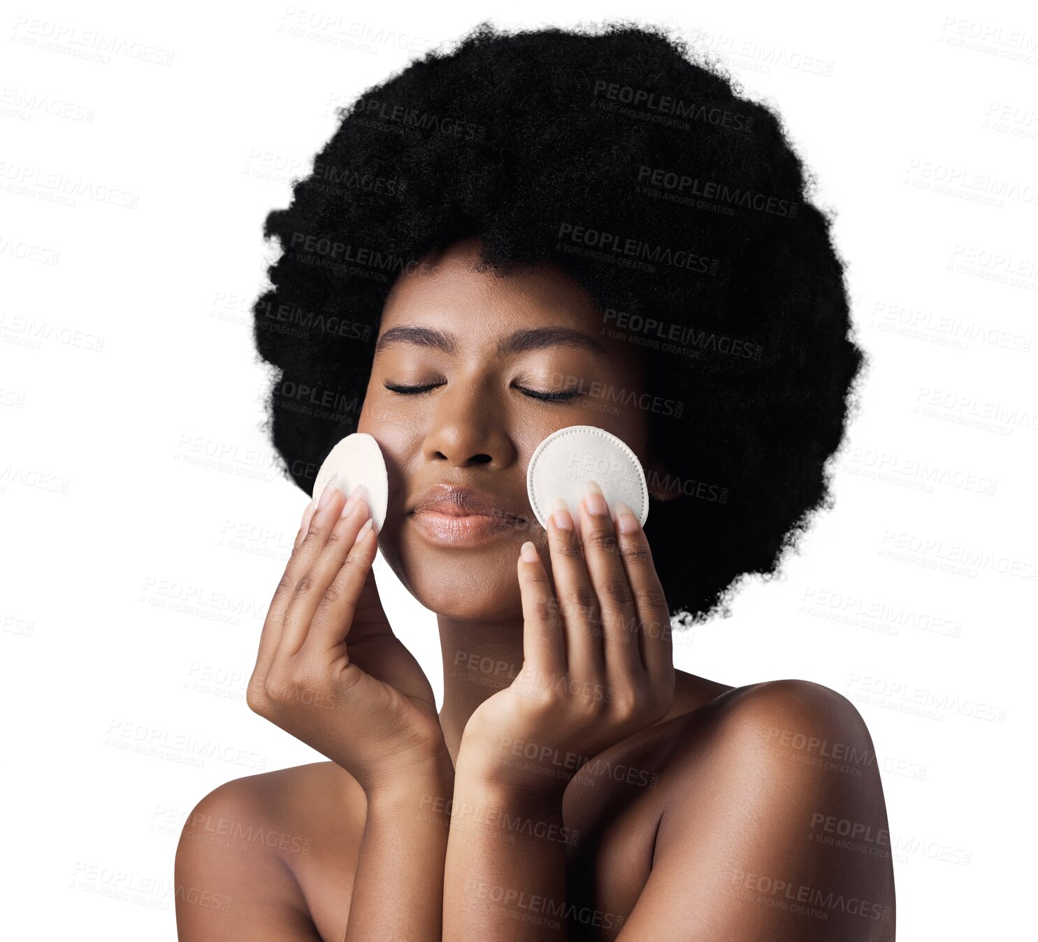 Buy stock photo Skincare, cosmetics and black woman with cotton pad on face for cleaning, anti ageing product and luxury beauty. Dermatology, facial skin care wipe and model isolated on transparent png background.